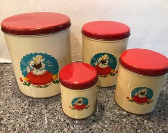 12 Days of Christmas Vintage Pennsylvania Dutch folk art Food safe metal containers for holiday cookie swaps. 3 pc Christmas canister set