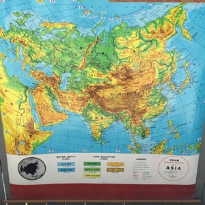 Vintage Cram&#39;s Physical - Political pull down / retractable school map of Asia. #2439