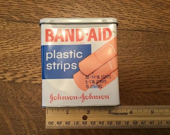 Vintage Band-Aid Plastic Strips metal tin box. 3 1/2" x 3" x 1 1/2". #2635