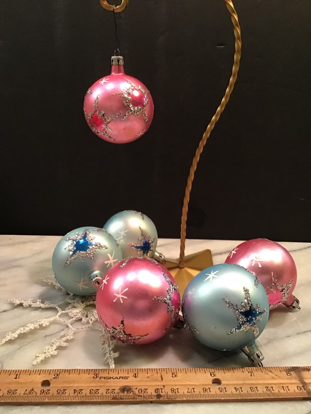 Vintage Set of 6 Hand Decorated Glass Christmas Ornaments in Original