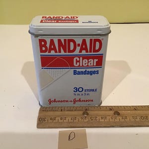 Vintage Band-Aid Clear Bandages 30 Sterile, metal tin box. 3 1/2&quot; x 2 3/4&quot; x 1 1/4&quot;. #2819