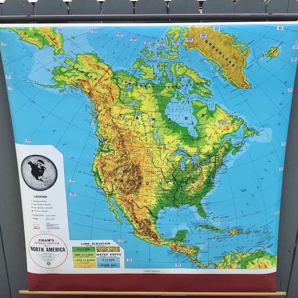 Vintage Cram's Physical - Political pull down / retractable school map of North America. #2442