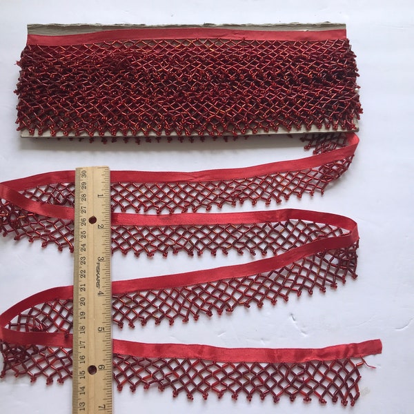 Vintage red glass Bugle bead -seed bead criss-cross lattice edging on satin ribbon. Continuous length 20' 6". #1475