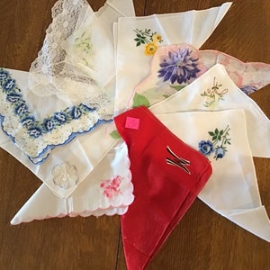 Collection of 10 vintage hankies / handkerchiefs in assorted colors, styles, and sizes. #2075