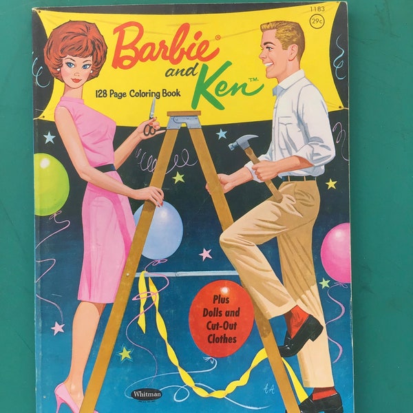 Vintage 1962 Barbie and Ken 128 page Coloring Book plus tools and cut out clothes. #2436