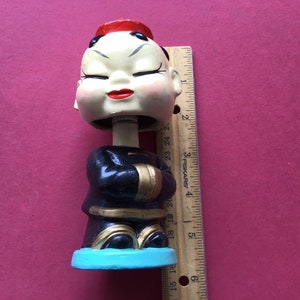 Vintage mid-century Japan Asian bobblehead / nodding figurine. Chalkware-like material. 5 3/4&quot;. #2052