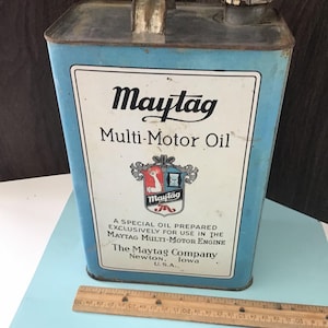 Vintage Maytag Multi-Motor Oil, 1 gallon, metal can. Empty. Approx 9 3/8&quot;. Includes lid. #2686