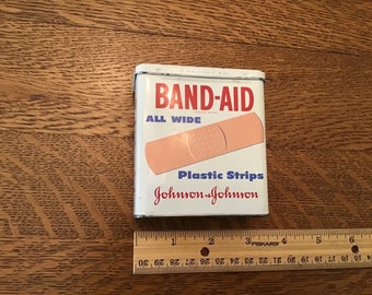 Vintage Band-Aid All Wide Plastic Strips metal tin box. 3 1/2" x 3" x 1 1/2". #2634