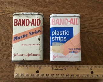 Vintage set of 2 Band-Aid Plastic Strips metal tin boxes. 3 1/2" x 2 1/4" x 1". #2636