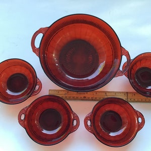 Vintage 5 piece set Anchor Hocking ruby red berry/fruit bowl with 4 individual bowls. Coronation pattern with open handles. #2037