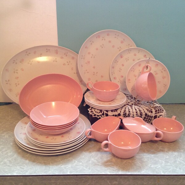 Cosecha mediados de siglo MAYFAIR Melmac "Rosalie" plato retro conjunto, 25 piezas. #588