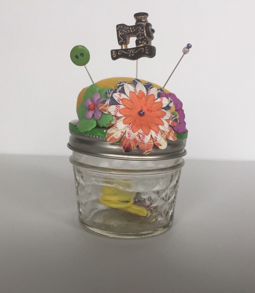 Sewing Kit Inside Mason Jar Pincushion as the Lid Double Etsy