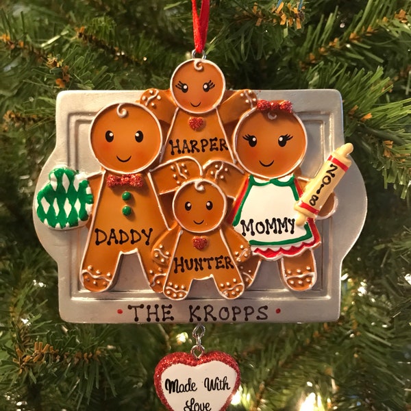 Personalized Gingerbread Family of 4 Christmas Ornament