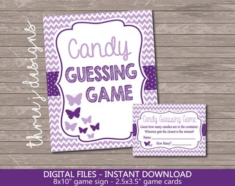 Digital File J001 Purple and Teal INSTANT DOWNLOAD Butterfly Baby Shower Candy Guessing Game Cards and Sign