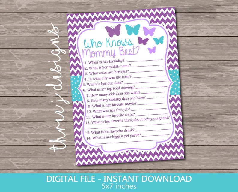 Digital File J001 Purple and Teal INSTANT DOWNLOAD Butterfly Baby Shower Candy Guessing Game Cards and Sign