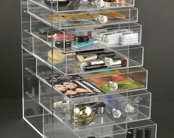 Acrylic Makeup Organizer Tower, 7 Drawers, Crystal Knobs