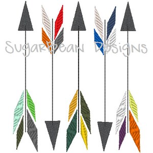 May include: Five different colored arrows with black shafts and various colored fletching. The fletching is in a variety of colors including red, orange, yellow, green, blue, and purple.