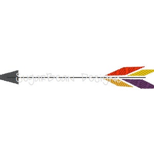 May include: A colorful arrow with a black shaft and a purple, yellow, orange, and red fletching.