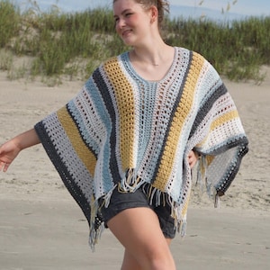 Crochet Poncho Pattern  // Boho Ruana // Fringe // Wrap // Scarf // Crochet Top // Stitch Sampler // Textured / Ocean Sunrise Poncho PATTERN