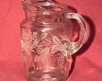 Beautiful Clear Glass Pitcher by Bartlett Collins, Mid Century Grape & Leaf Motif, 3 Quarts, Mint condition