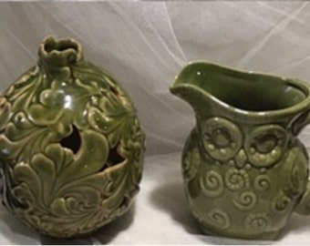 Vintage Avocado Green Owl Pitcher, Leaf Vase, Bag Planter, Leaf Storage Canister, & Coffee Mug, Vintage Ceramic Decor. FREE Shipping in USA