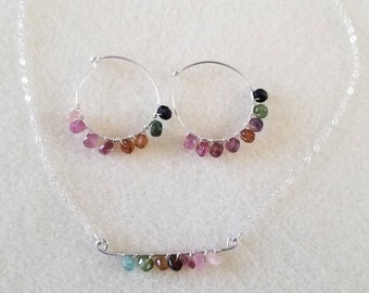 Sterling Silver Tourmaline Hoop Earrings and Necklace