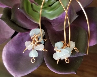 Aquamarine and rose quartz on copper dangle earrings