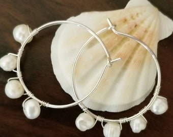 Sterling Silver and Freshwater Pearl Hoops