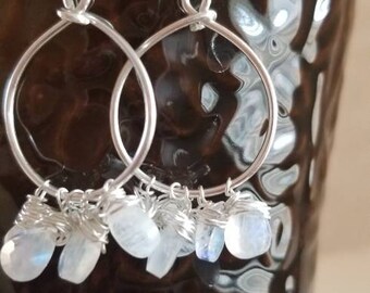 Sterling Silver Rainbow Moonstone Hoop Dangle Earrings