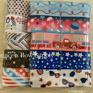 10 yards 7/8&quot; 4th of July patriotic grosgrain ribbon mixed lot, Fourth of July red white blue stars stripes red truck ribbon assortment