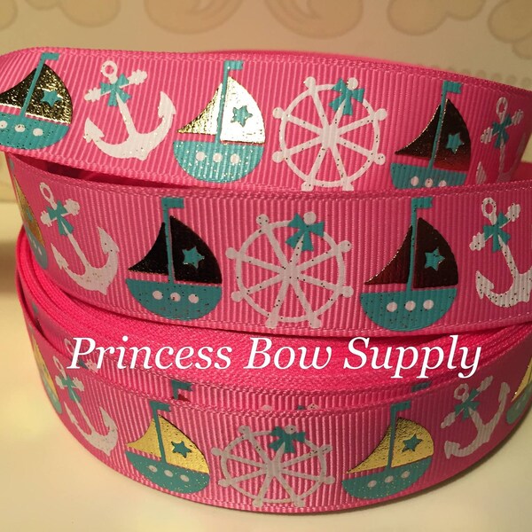 7/8" hot pink gold foil white teal sail boat anchor grosgrain ribbon bow supply planner scrapbook supplies