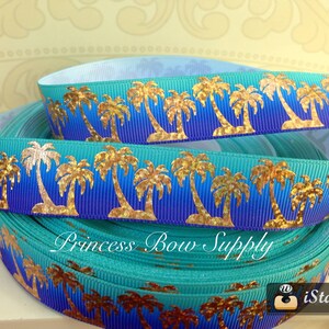 7/8" gold foil palm trees ombre teal tropic blue summer USDR grosgrain ribbon yard hair bow journal planner scrapbook supplies party