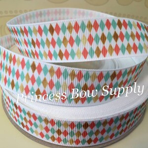 7/8" gold coral white grosgrain ribbon, argyle ribbon, Thanksgiving fall ribbon, summer spring ribbon for hair bows crafts journals planners