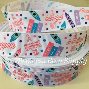 7/8" school books polka dot grosgrain ribbon, school ribbon for hair bows lanyards teacher classroom gift ribbon supplies