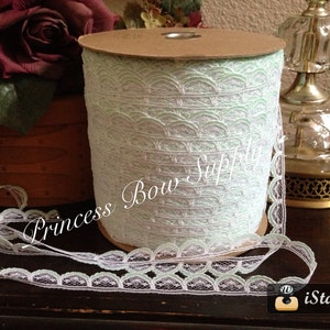 5 yds 1/2&quot; Mint and white scalloped flat lace sewing trim, junk journal ribbon supplies, fall winter spring summer pale mint green lace