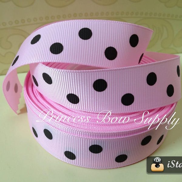 1, 3, 5 yards 7/8" dark brown and pink polka dot grosgrain ribbon for hair bow sew scrapbook birthday party ribbon, Valentine Easter ribbon