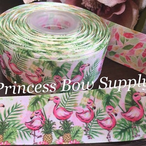 1.5&quot; double sided flamingo grosgrain ribbon, tropical leaves grosgrain ribbon for wreaths hair bows journals planners, summer beach ocean