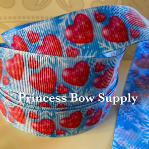 7/8&quot; red hearts on blue and white snowflake double sided grosgrain ribbon, dog collar leash hair bow supplies, journal craft lanyard ribbon