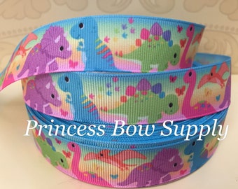 7/8" dinosaur grosgrain ribbon, purple green hot pink blue dinosaur designer ribbon, hair bow ribbon, dog collar ribbon, lanyard ribbon