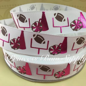 7/8" football dark pink foil grosgrain ribbon, hot pink grosgrain ribbon, foil ribbon, cheer ribbon, ribbon for hair bows