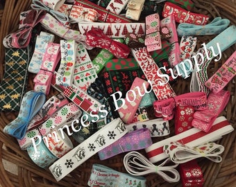 20 yards 7/8" Christmas snowflake reindeer winter theme snowman penguin grosgrain ribbon large lot, mixed assortment ribbon bag bow kit