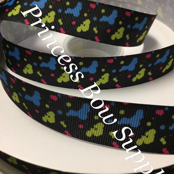 7/8" paint splatter print on black grosgrain ribbon, dog collar ribbon supplies, boutique hair bow ribbon supplies, USDR US Designer ribbon