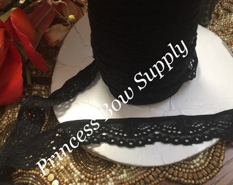 1" Elastic - Black scalloped elastic stretch trim, elegant garment dress costume sewing trims bulk wholesale black elastic trim