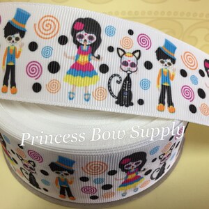 1.5&quot; skull grosgrain ribbon, skeleton kids grosgrain ribbon, Halloween skull cat ribbon, Dios De los muertos ribbon