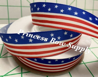 7/8" 4th of July red white blue American flag print ribbon, star patriotic grosgrain ribbon hair bow supplies supply sew  journal trim