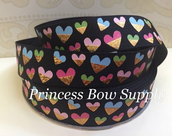 7/8" gold dipped pastel hearts glitter printed grosgrain ribbon, Valentine's day hair bow supply, journal planner supplies