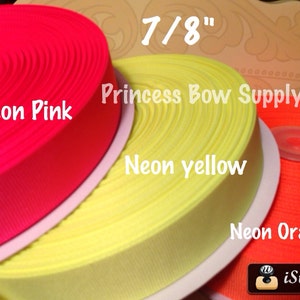 5 yards  7/8&quot; Neon Pink solid ribbon,  neon yellow solid ribbon, neon orange solid grosgrain ribbon for hair bows crafts sewing trim journal