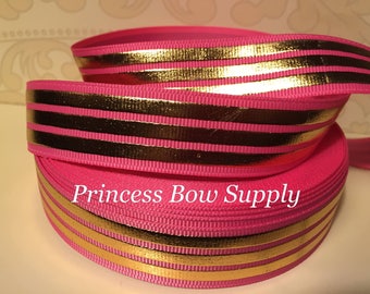 7/8" striped grosgrain ribbon, hot pink and gold grosgrain ribbon, USDR ribbon, designer spring summer ribbon, wedding elegant ribbon