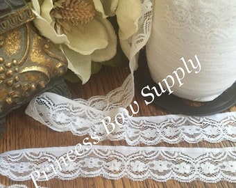 1.5" white elastic lace stretch trim, 1.5" white scalloped elastic lace sewing trim, headband elastic, wedding christening dress  elastic