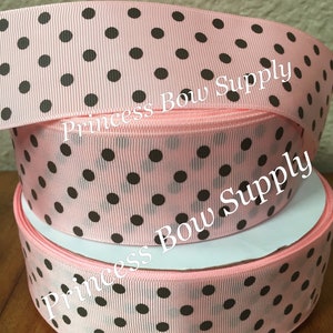 1.5&quot; brown polka dots on pink grosgrain ribbon, spring grosgrain ribbon, hair bow ribbon supplies, pink and brown 1-1/2&quot; wreath ribbon